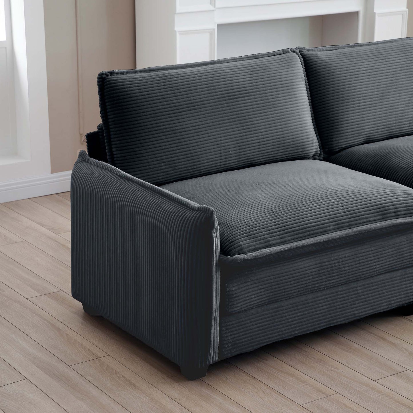 Dark grey corduroy sofa with plush cushions modern living room furniture