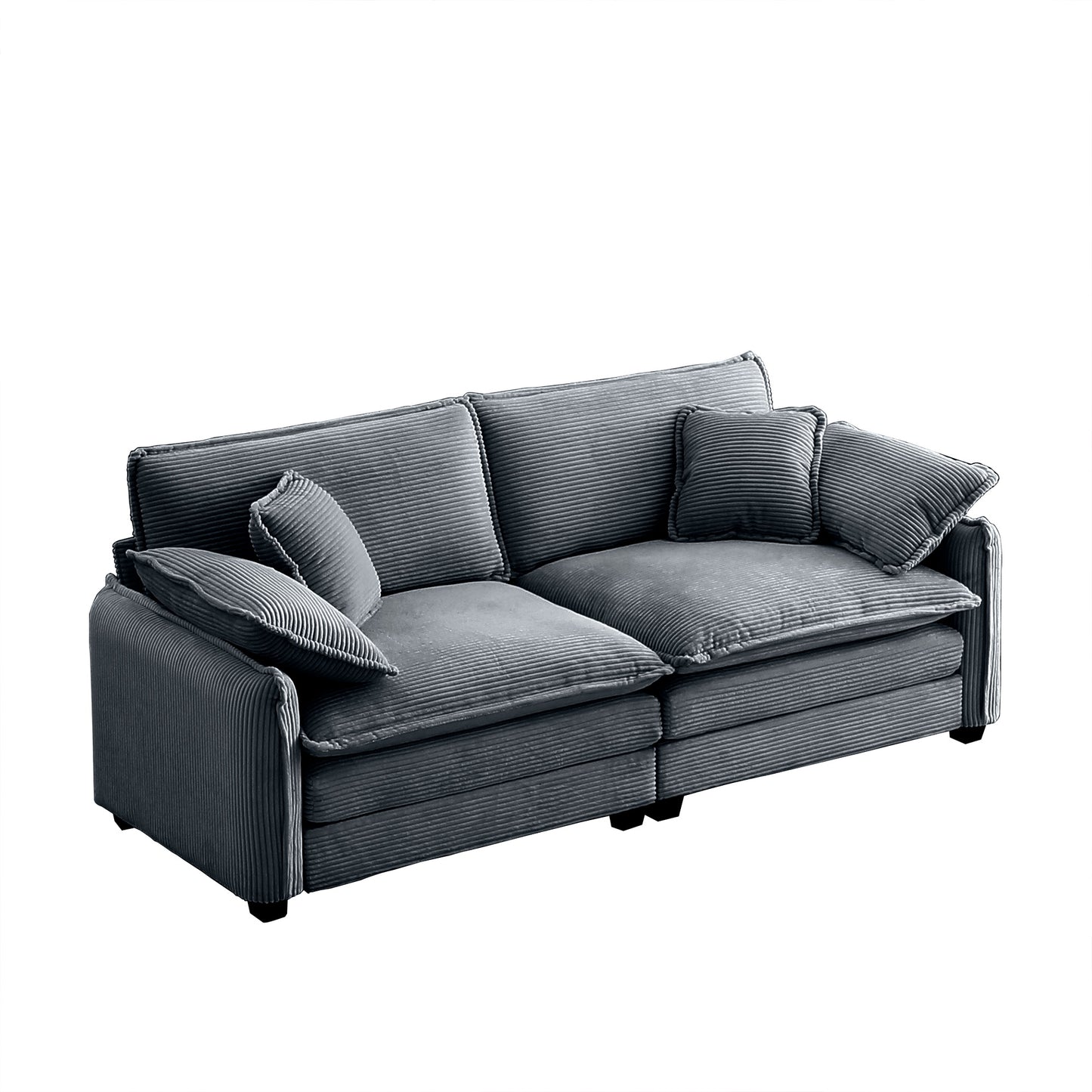 Dark grey corduroy sofa with plush cushions and modern design