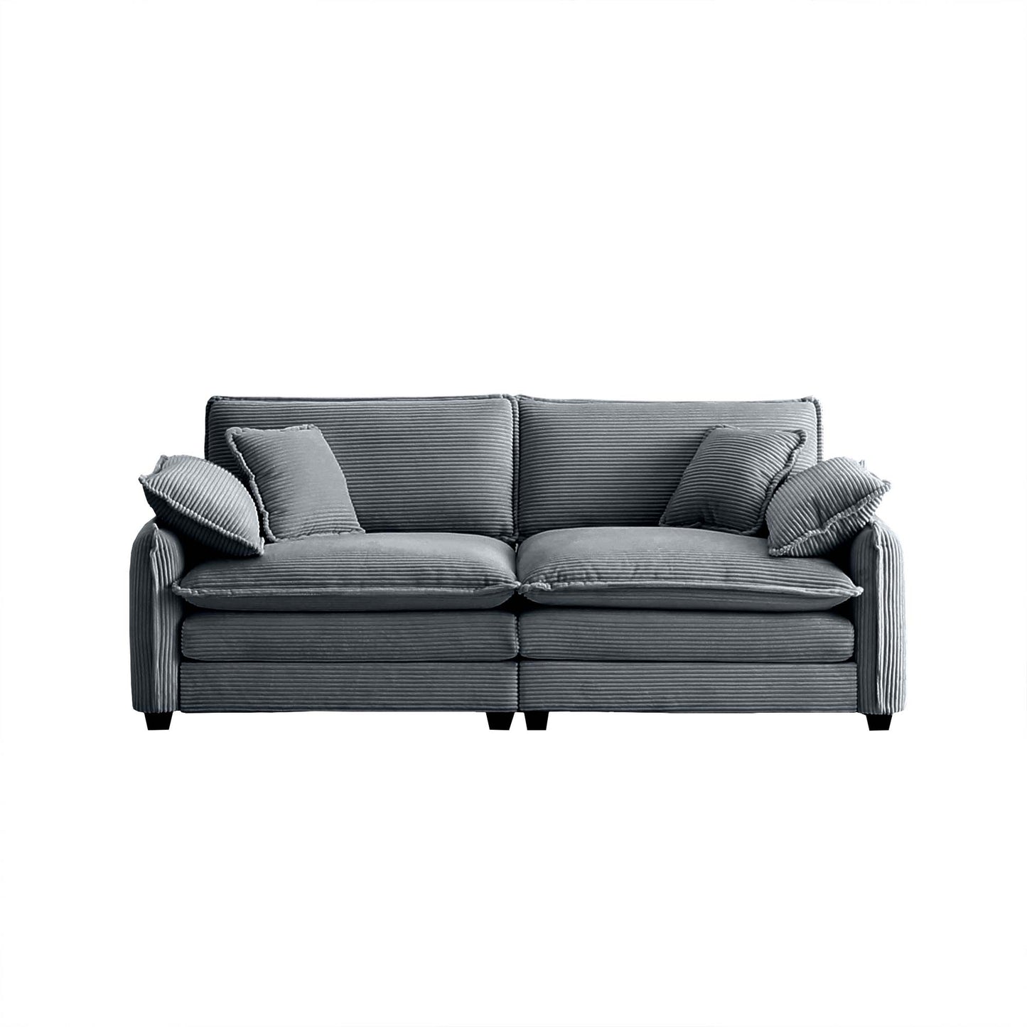 Plush grey corduroy sofa with two throw pillows perfect for a modern living room