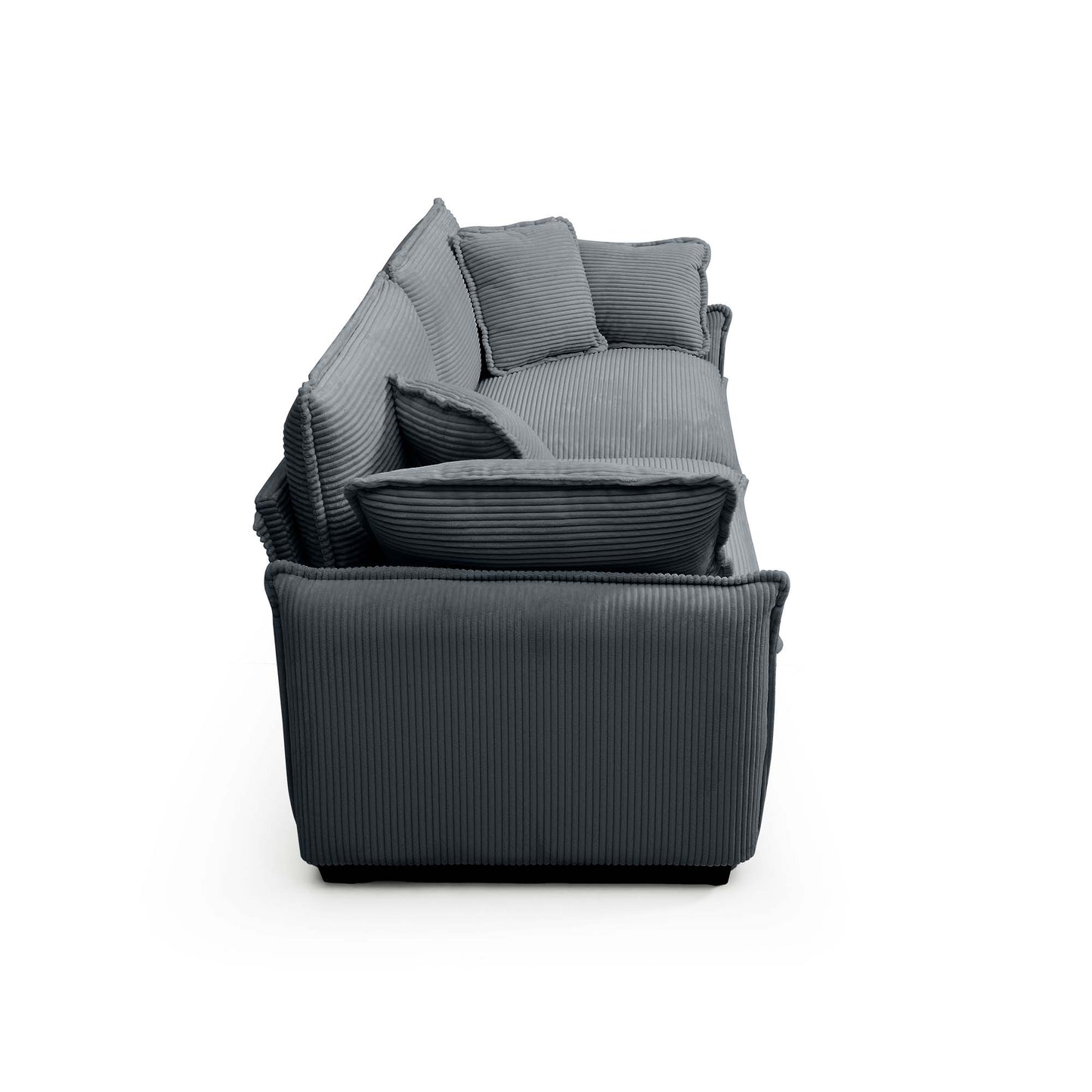 Dark gray corduroy sofa with plush cushions and a modern cozy design
