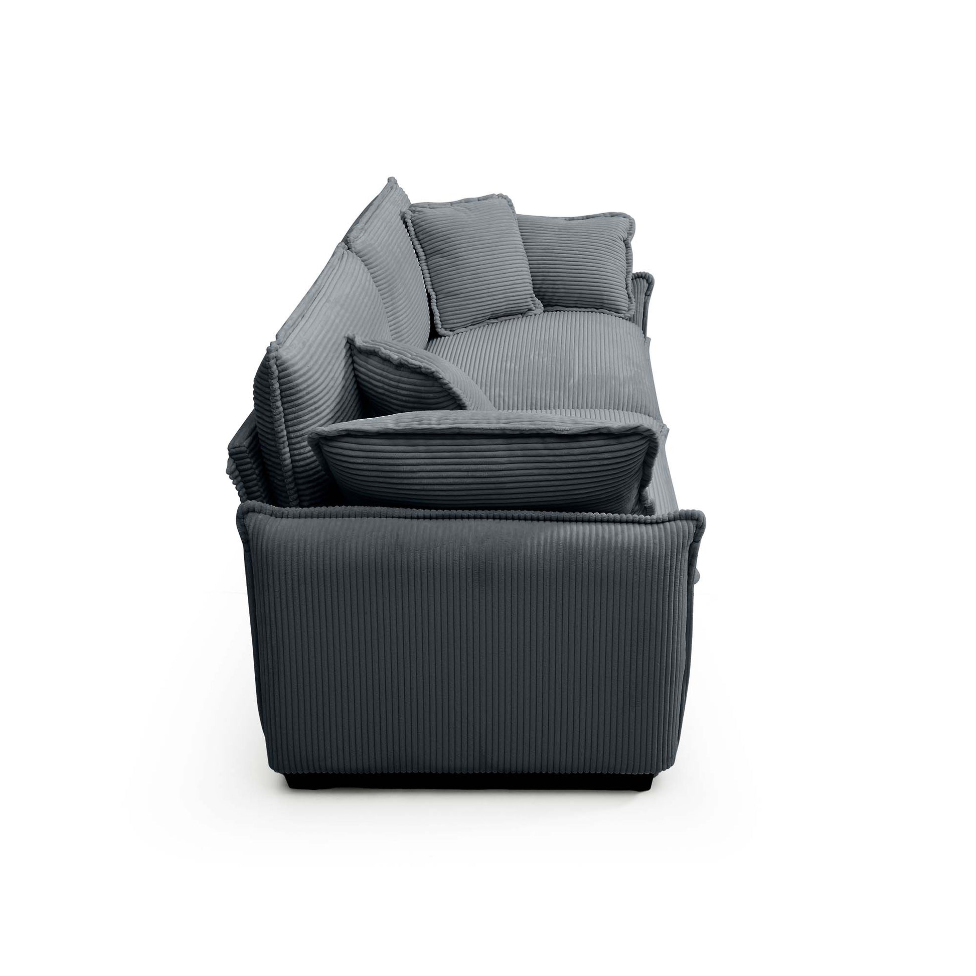 Dark gray corduroy sofa with plush cushions and a modern cozy design