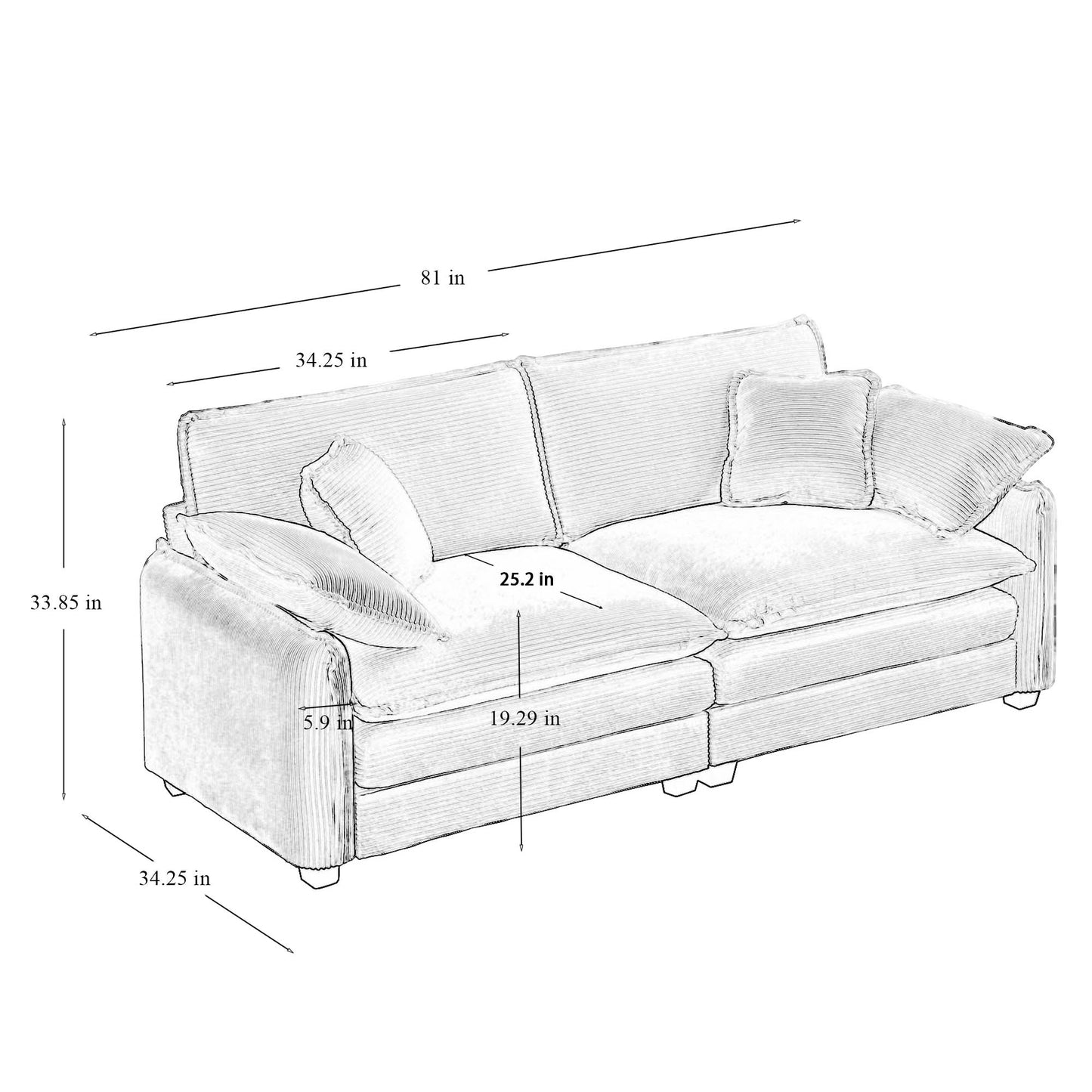 Sketch of plush corduroy sofa with ample seating and accent pillows  inches wide