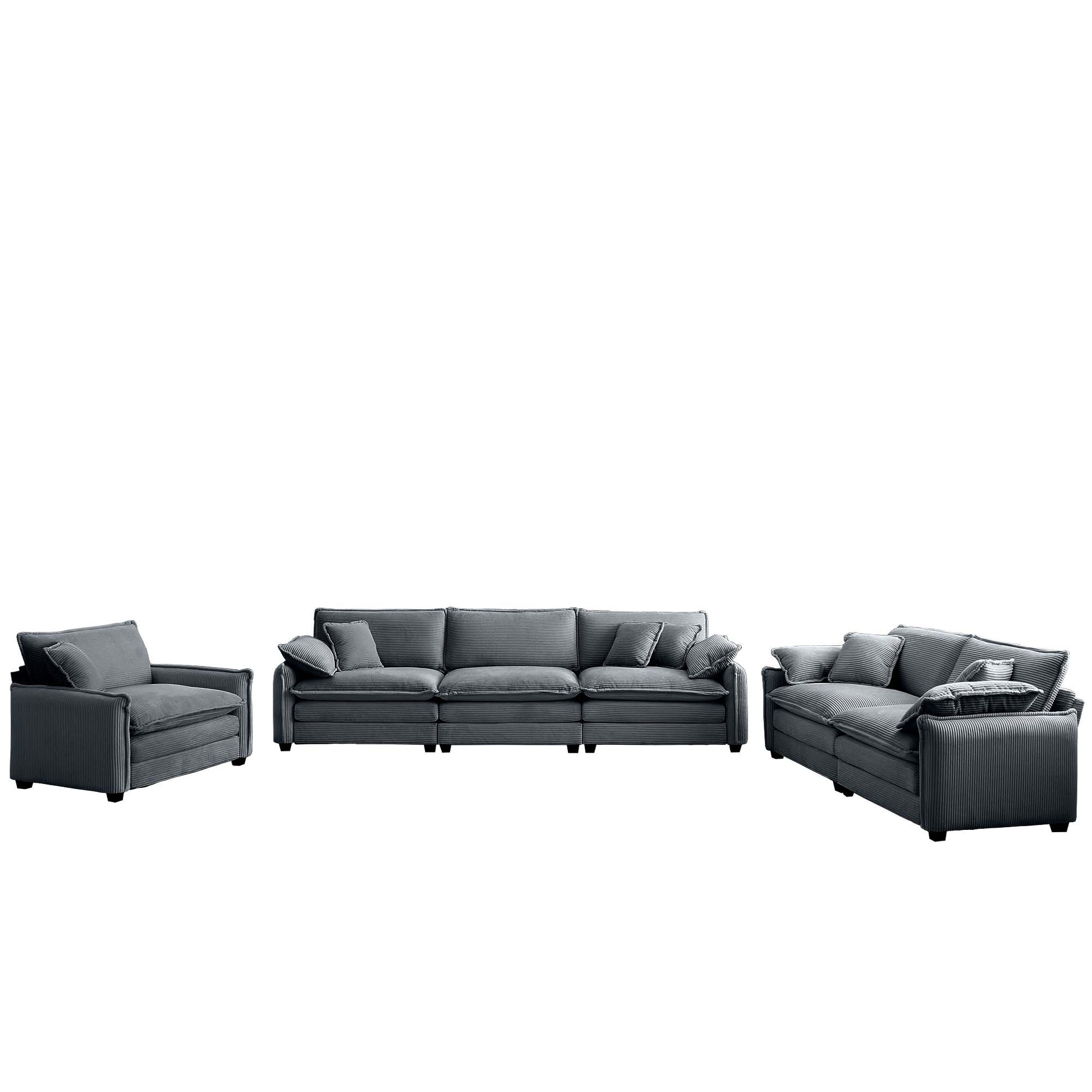 Plush grey corduroy sectional sofa with plush cushions and matching accent pillows for living room comfort