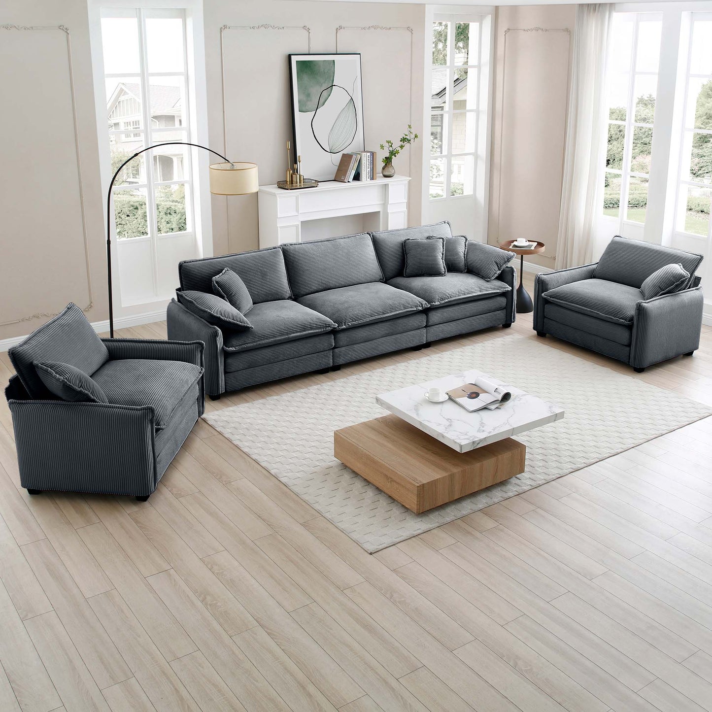 Deep gray corduroy sofa with plush throw pillows perfect for a modern living room