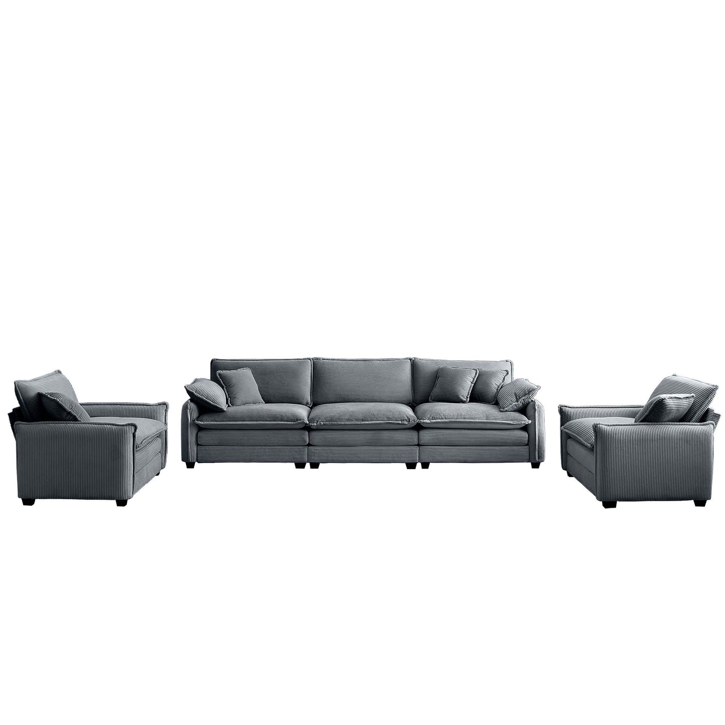 Threeseater dark gray corduroy sofa with plush cushions and matching armchairs