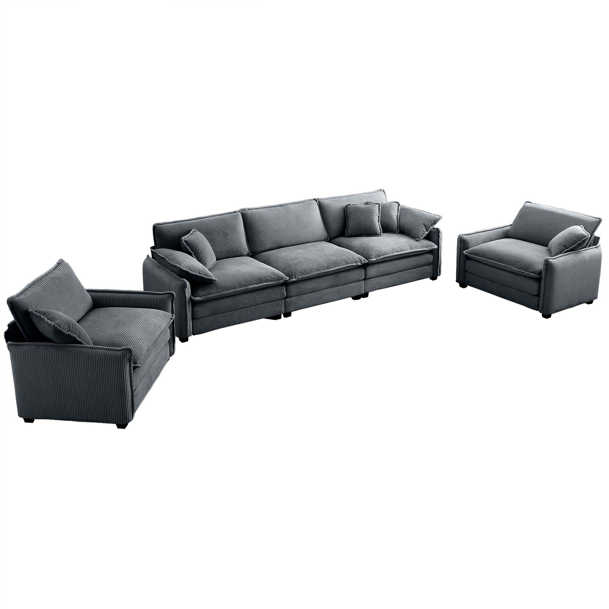 Modern gray corduroy sectional sofa with accent pillows perfect for living rooms