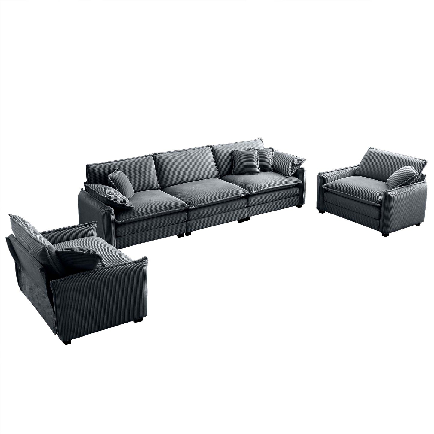 Dark grey corduroy sofa and two matching armchairs with plush cushions