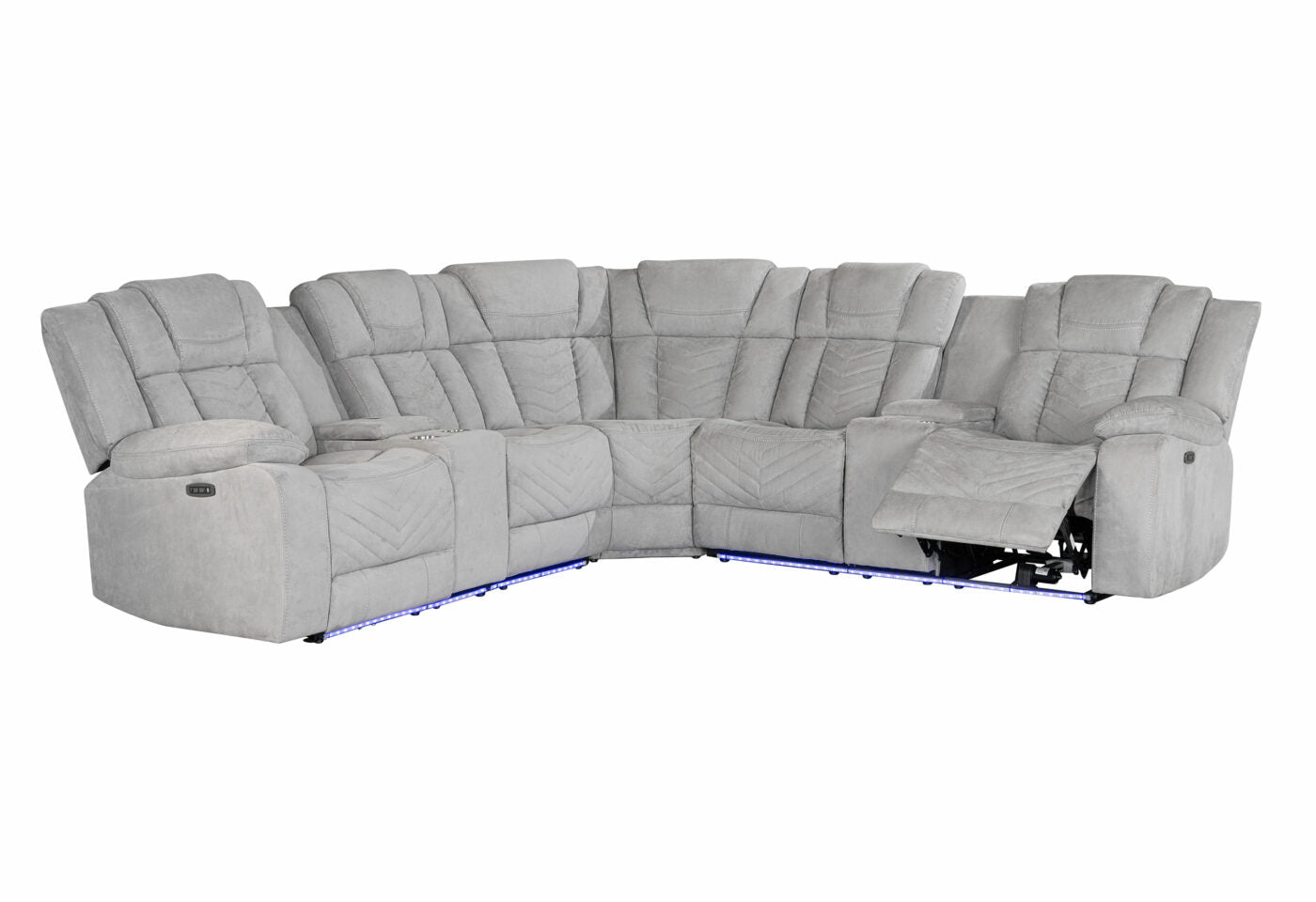 Gray sectional recliner sofa with diamond stitching and LED lighting