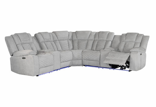 Gray sectional recliner sofa with diamond stitching and LED lighting