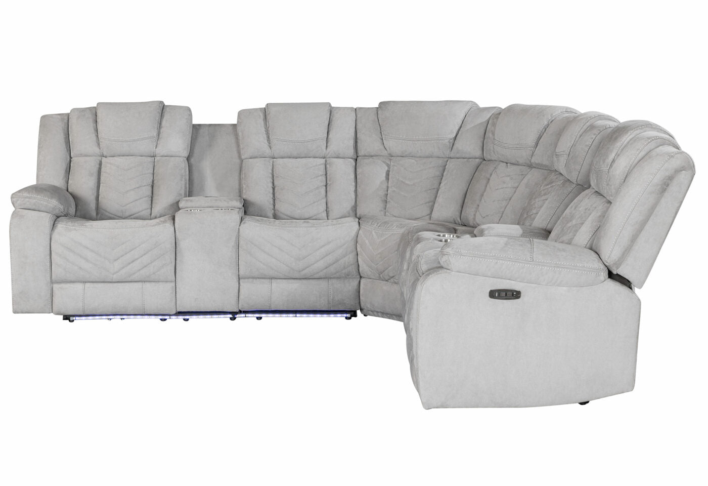Plush light gray sectional sofa with multiple recliners and integrated cup holders for movie nights