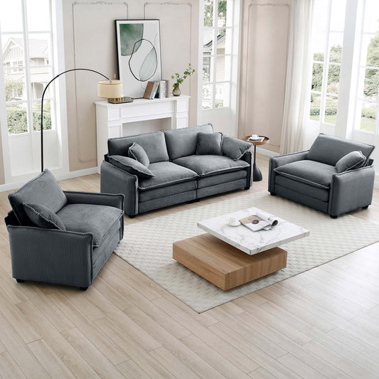 Comfortable grey corduroy sofa with plush throw pillows for living rooms
