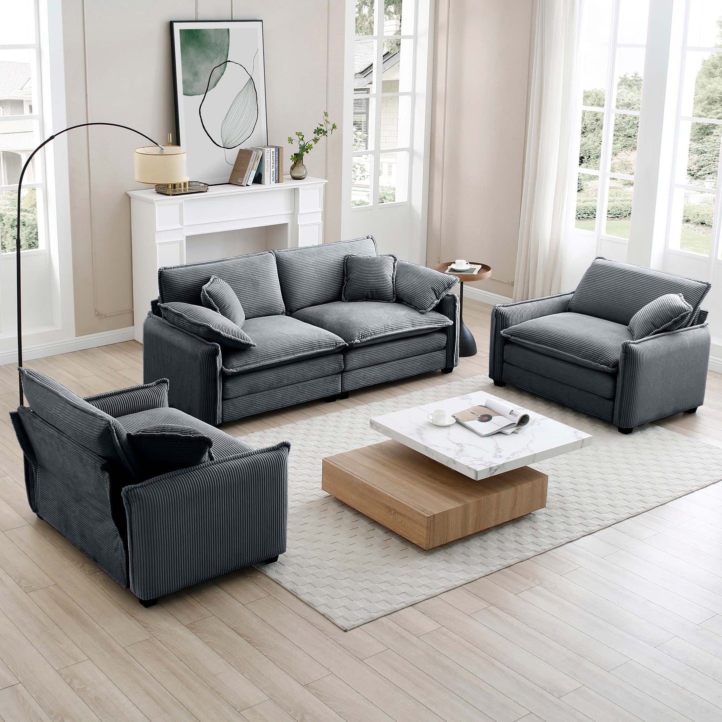 Grey corduroy sofa set with plush cushions perfect for a modern living room