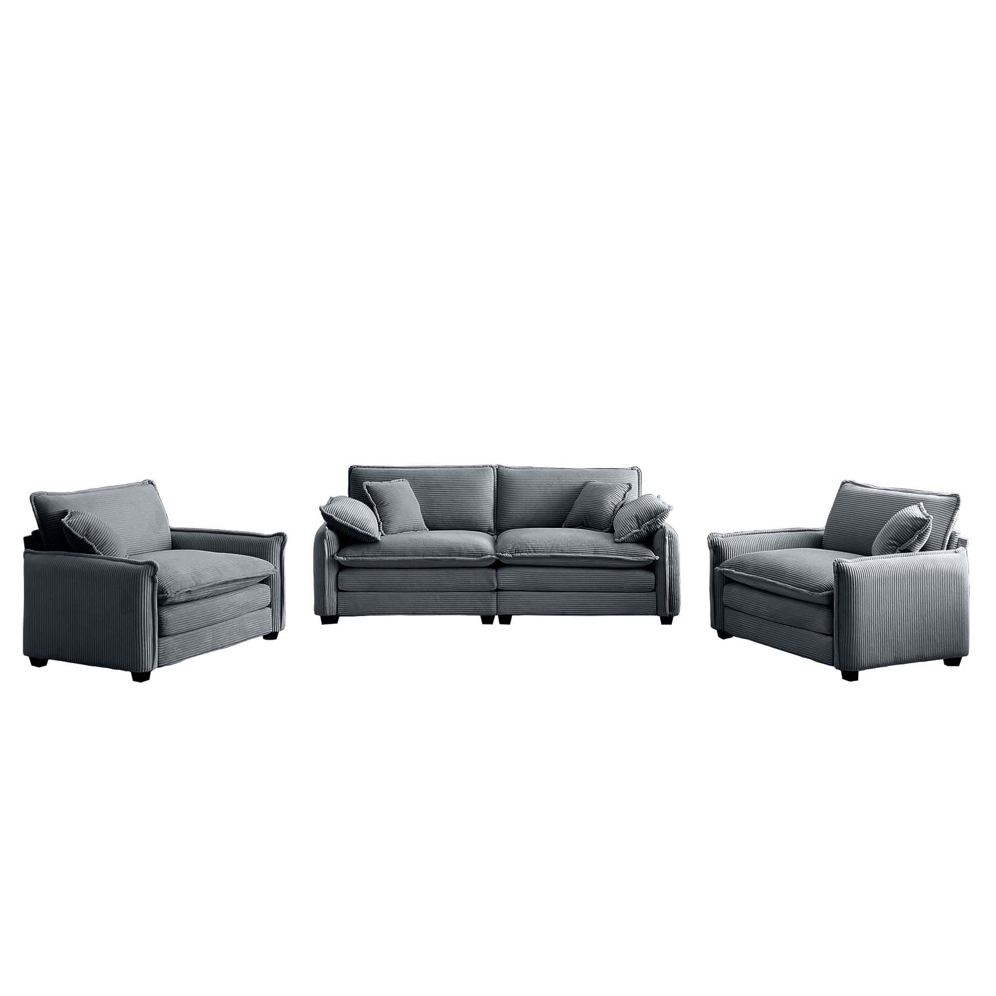 Gray corduroy sofa with matching armchairs modern living room furniture set