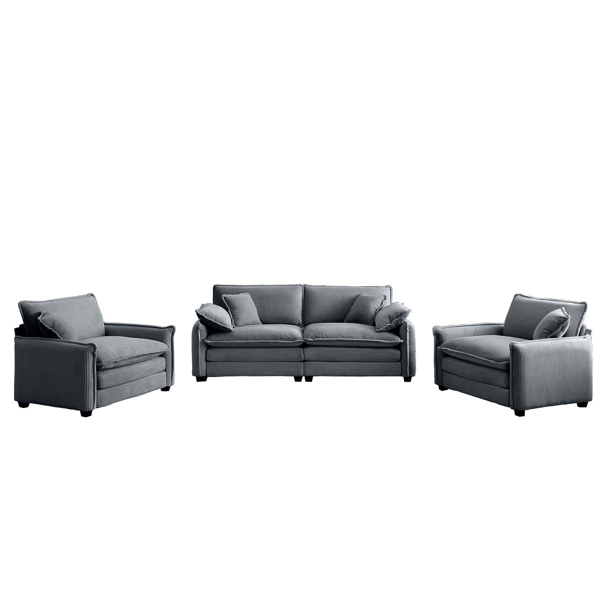 Gray corduroy sofa with matching armchairs modern living room furniture set