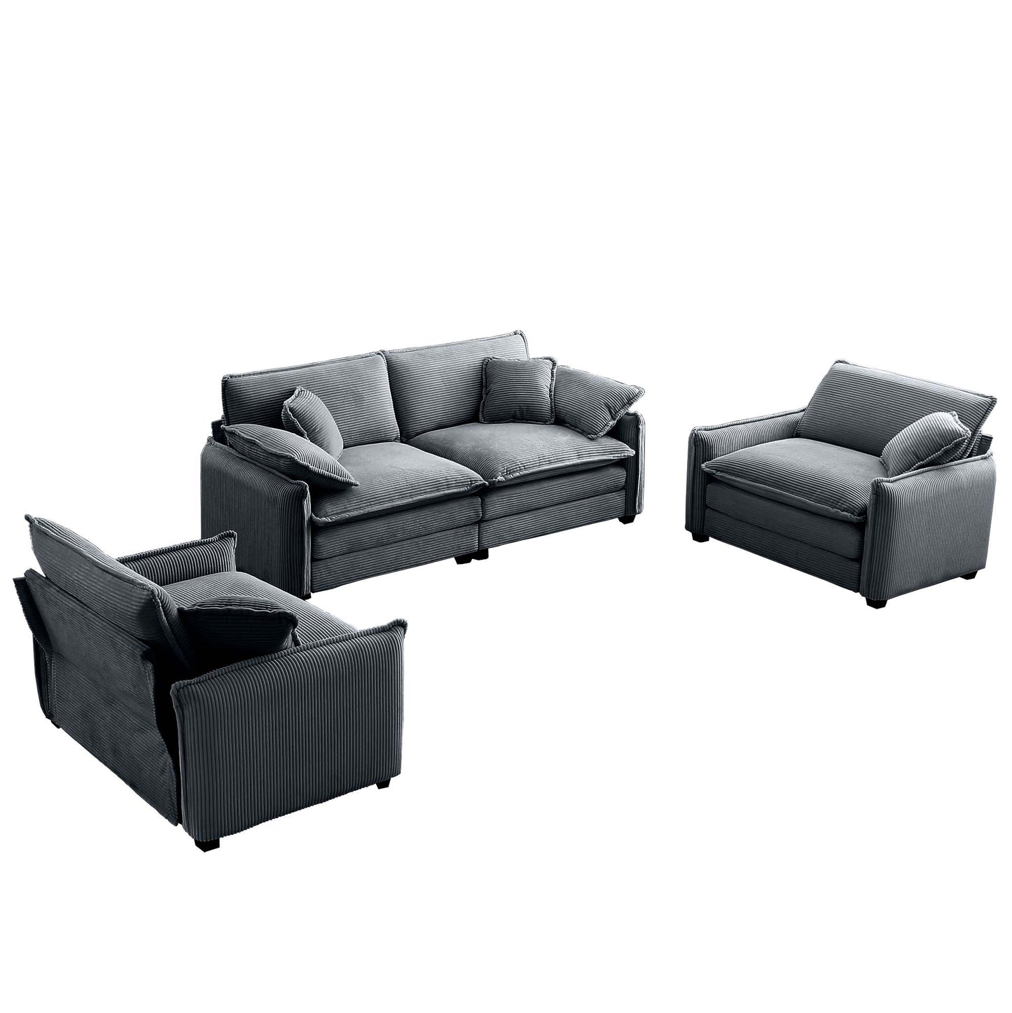 Dark grey corduroy fabric sofa set featuring a twoseater and two armchairs with plush cushions