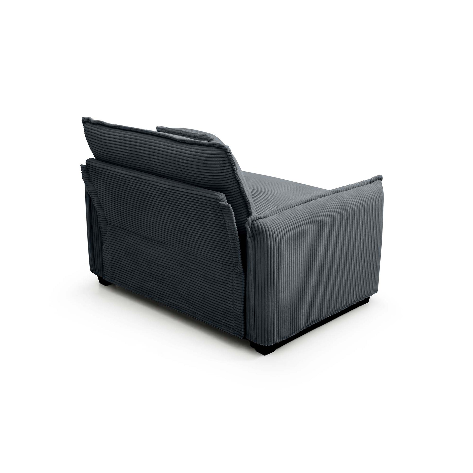Dark grey corduroy armchair with plush cushions and modern design