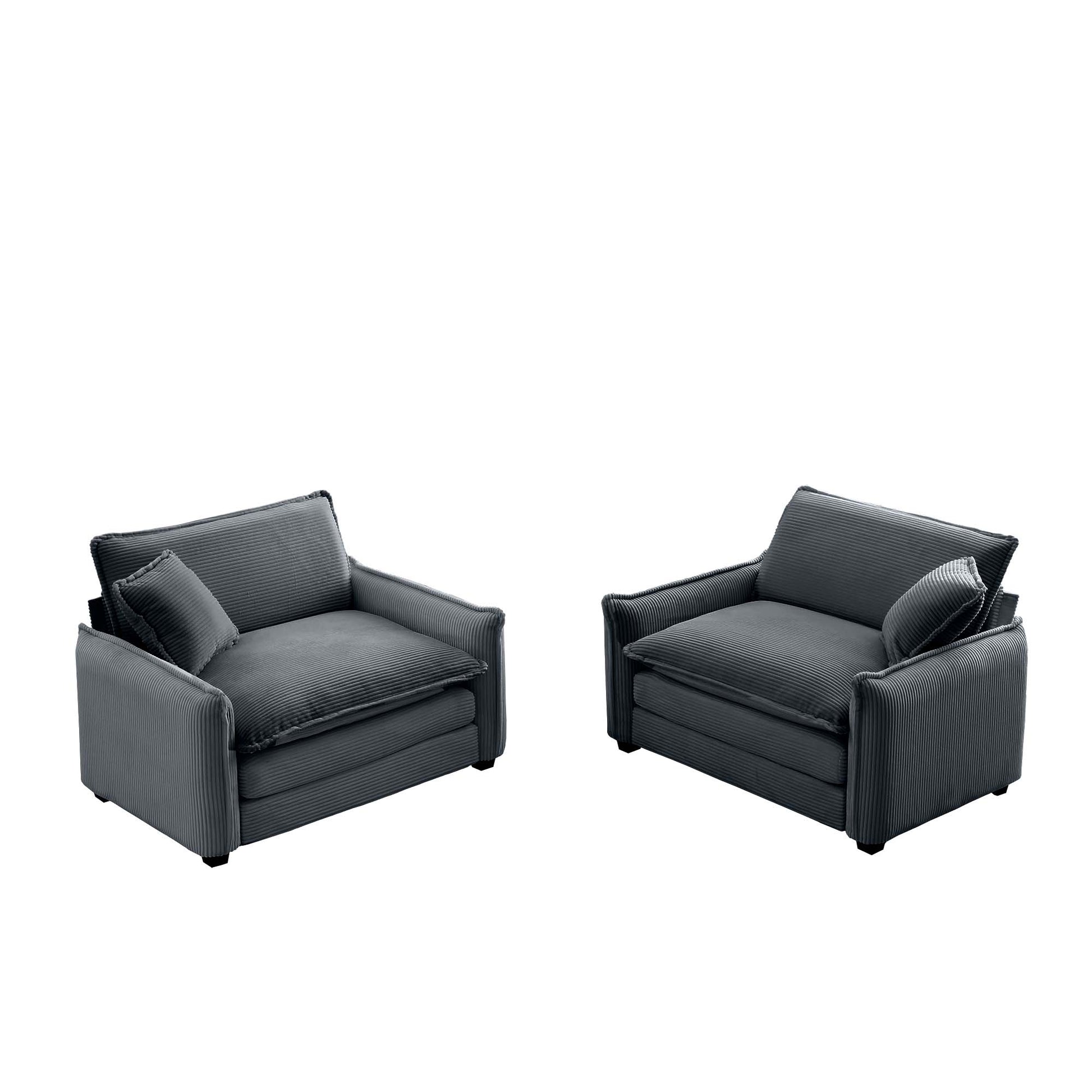 Plush grey corduroy armchair with matching accent pillow