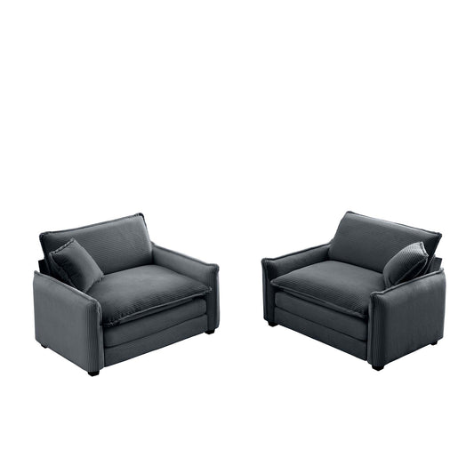Plush grey corduroy armchair with matching accent pillow