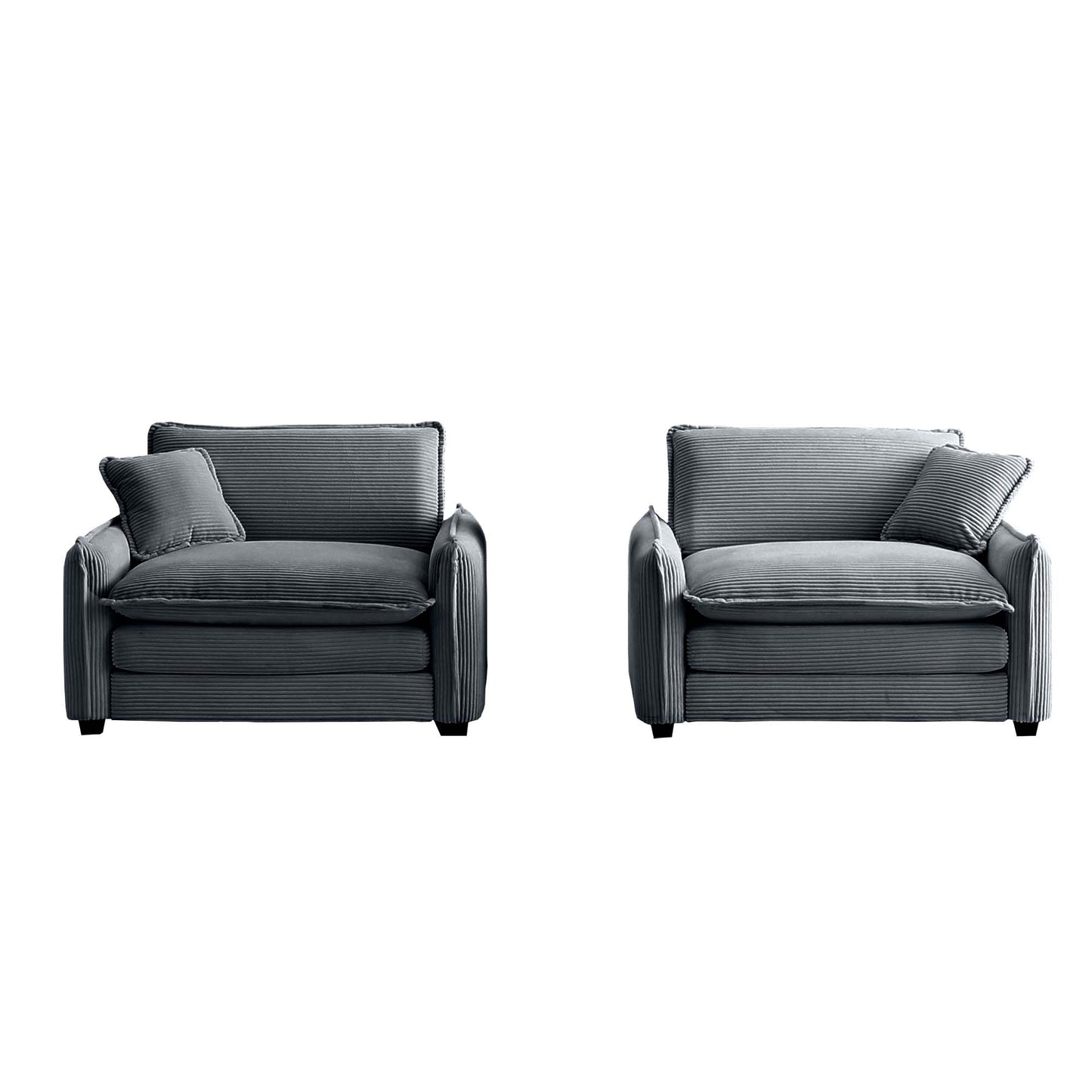 Two modern grey corduroy armchairs with plush cushions and a matching throw pillow for cozy seating