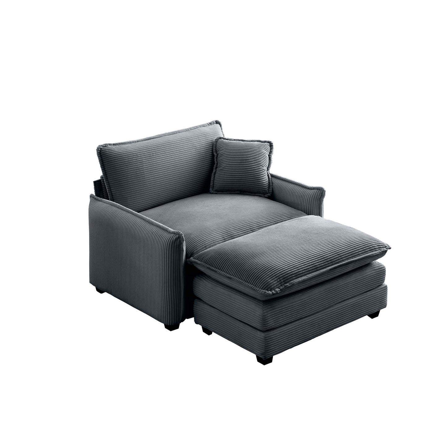 Contemporary grey corduroy accent chair with plush ottoman and matching throw pillow