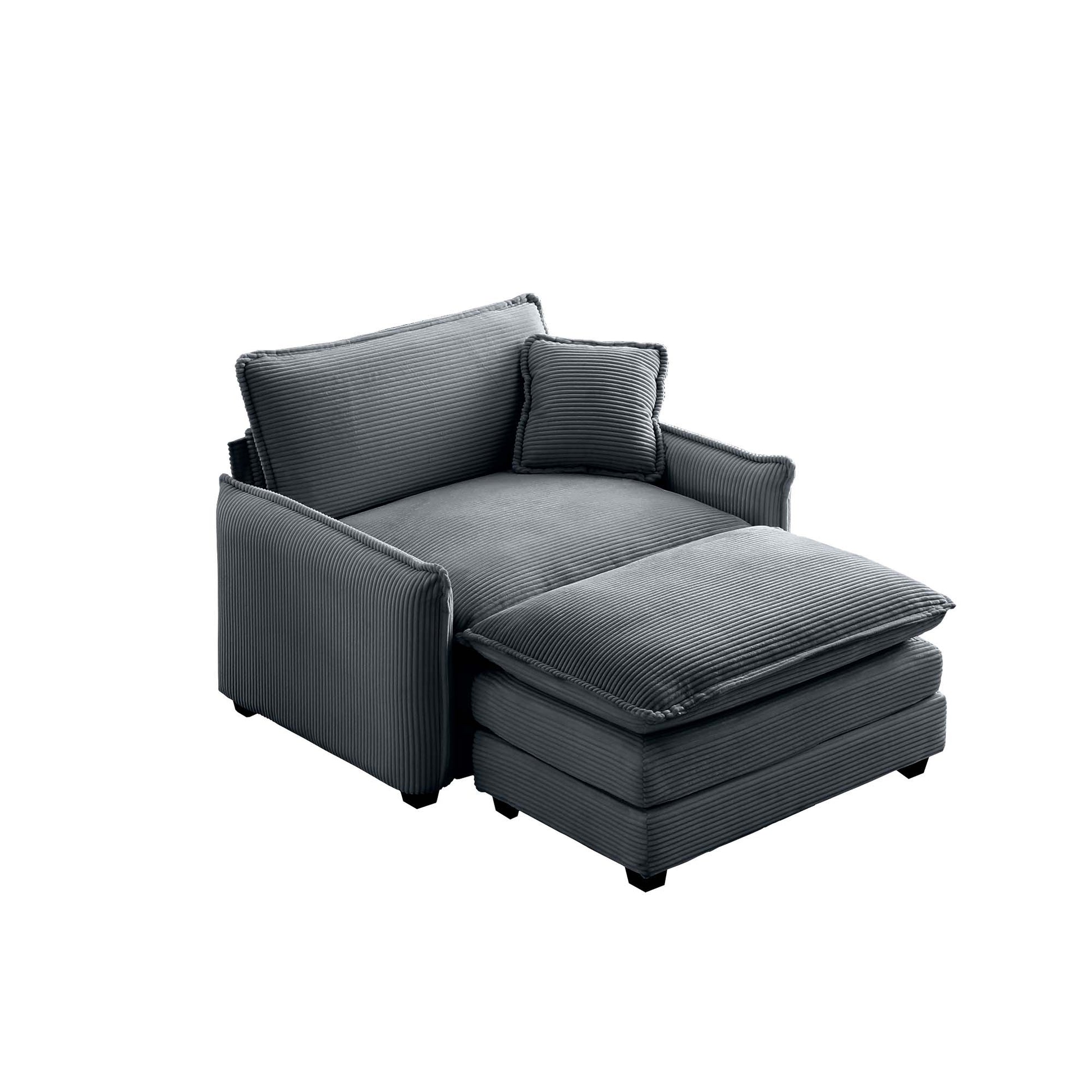 Contemporary grey corduroy accent chair with plush ottoman and matching throw pillow