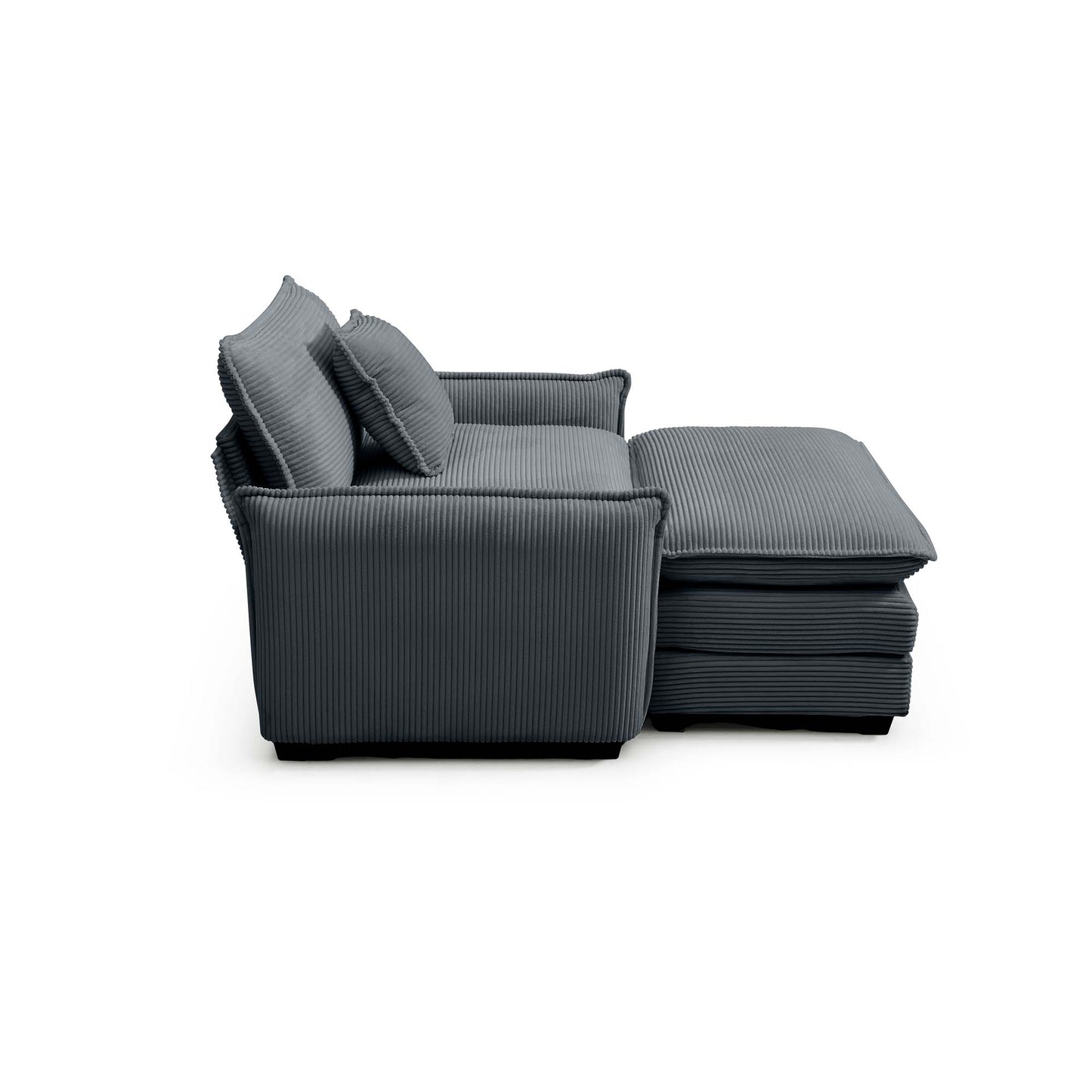 Dark grey corduroy sectional sofa with plush cushions and matching ottoman
