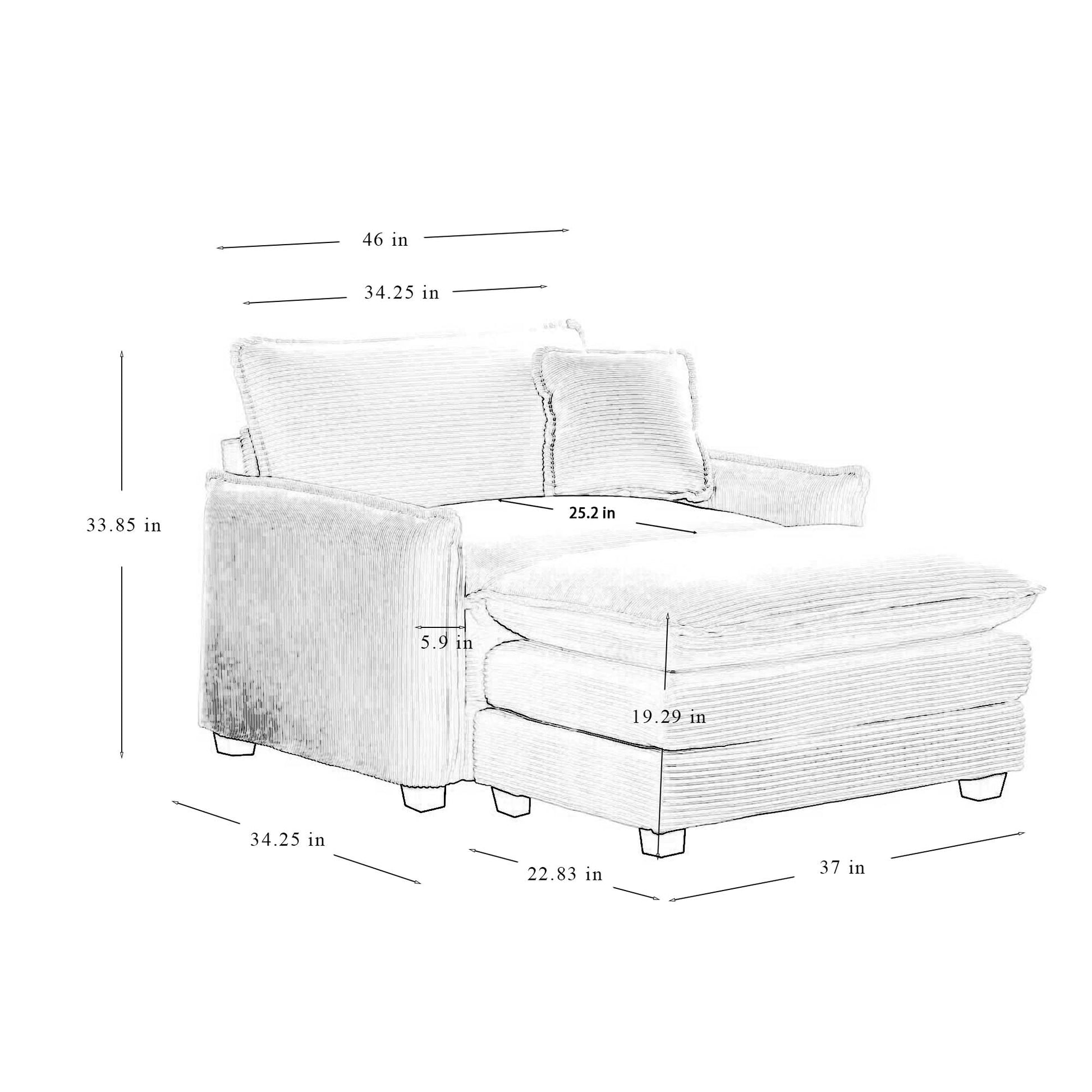 Sectional chaise lounge charcoal corduroy with dimensions clearly marked for purchase