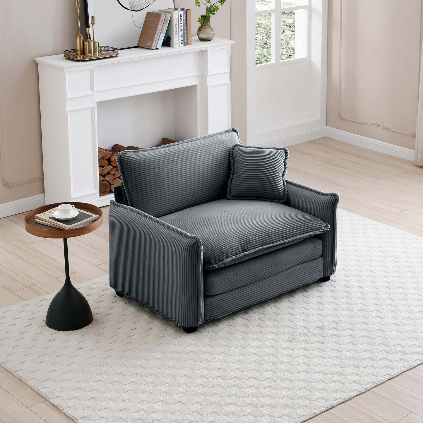 Plush gray corduroy accent chair with removable cushion perfect for small spaces