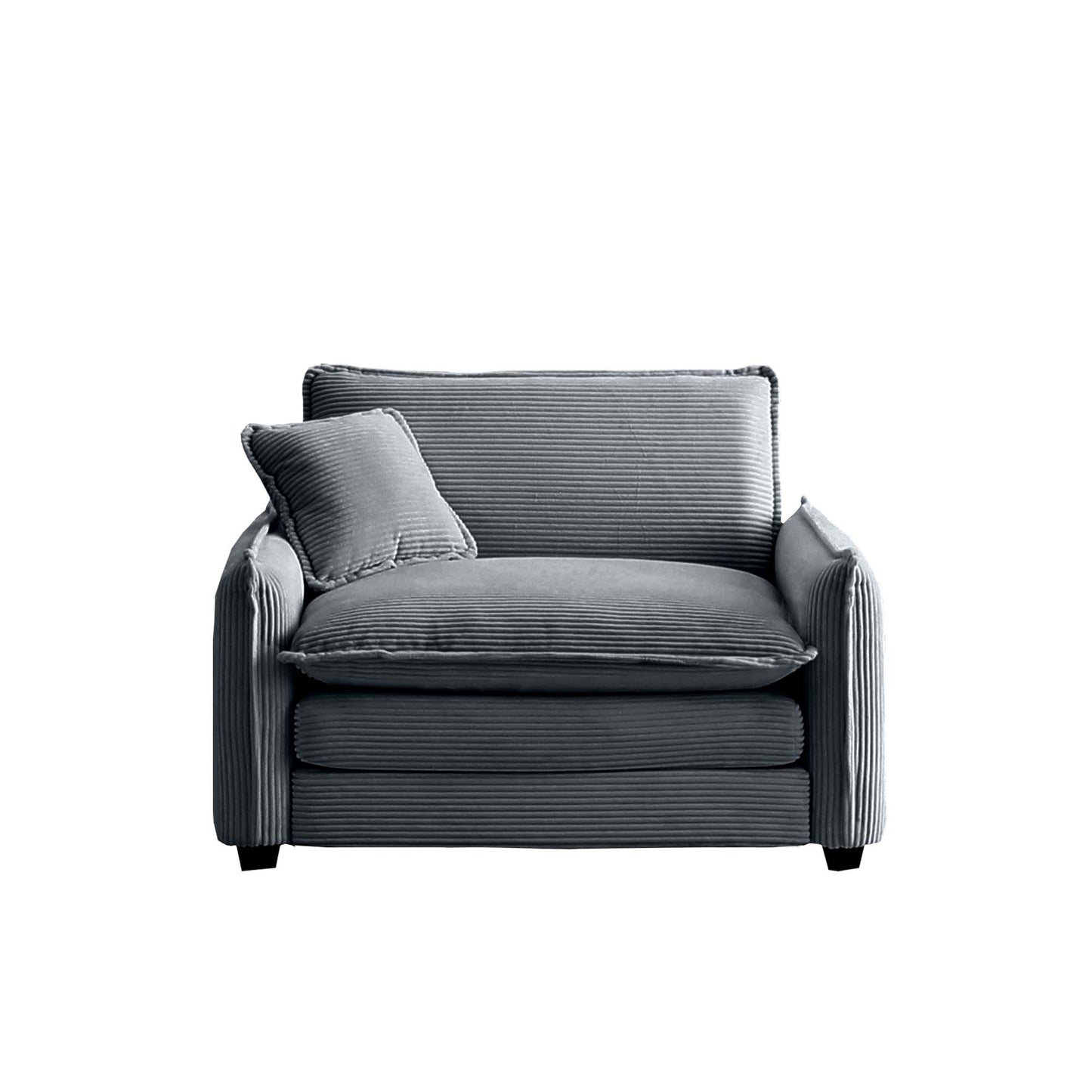 Gray corduroy armchair with plush cushions and matching throw pillow