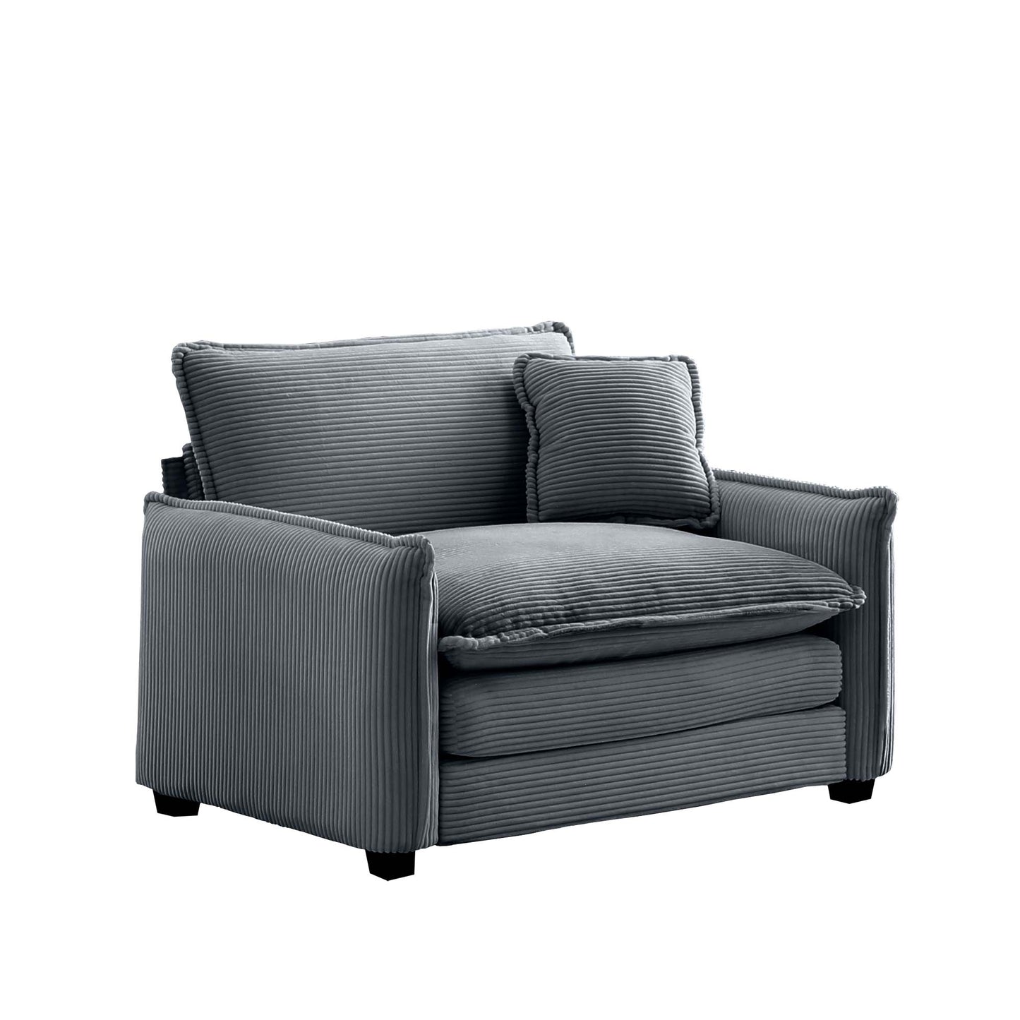Plush grey corduroy armchair with comfortable cushions and black legs for living room comfort