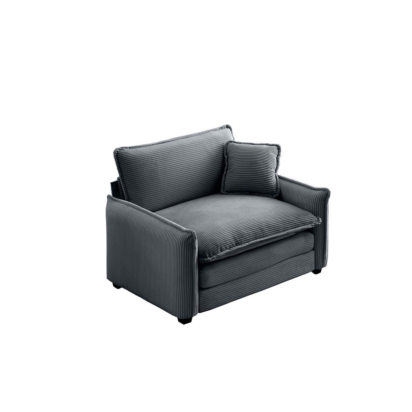 Cozy grey corduroy loveseat with a single matching throw pillow