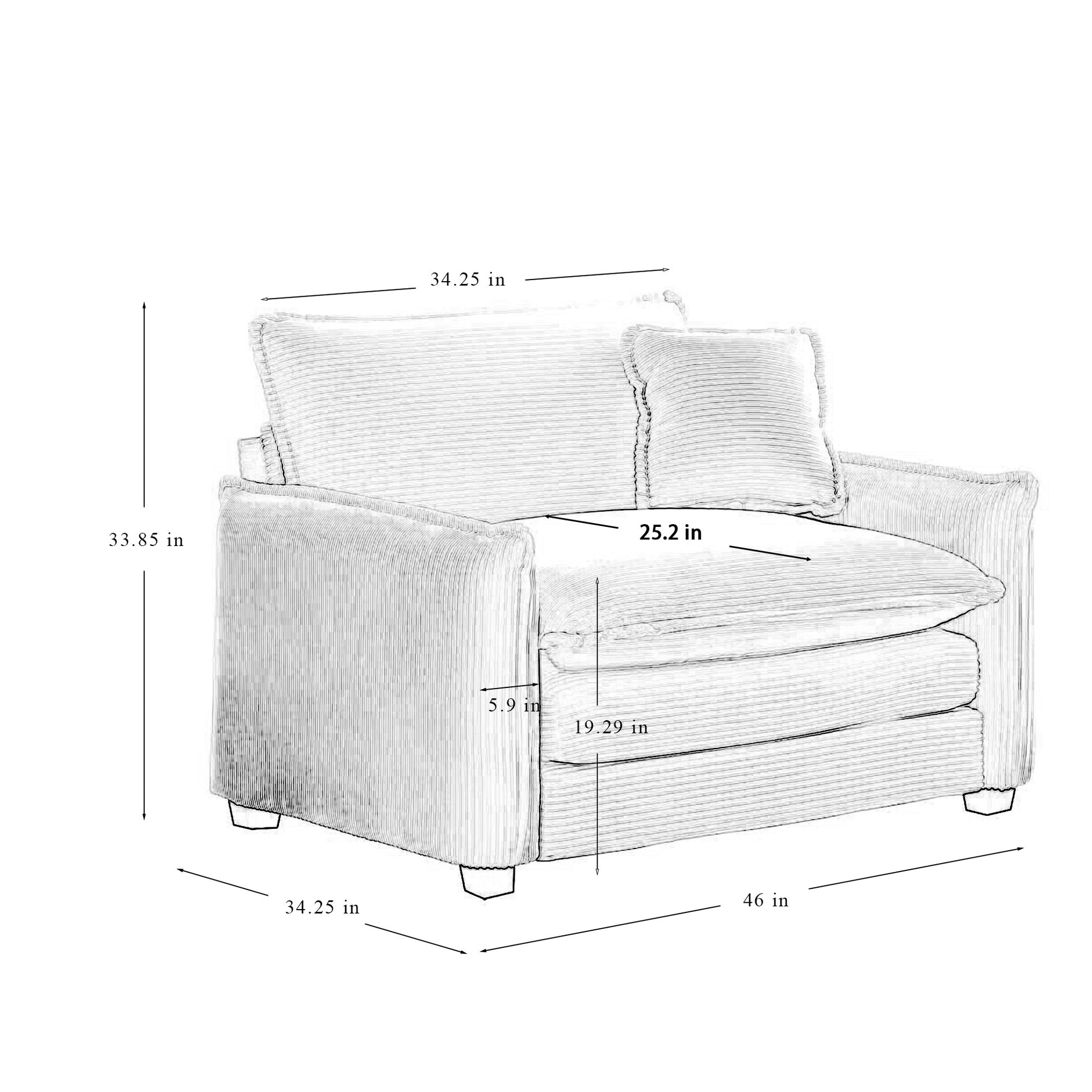 Sketch of a plush corduroy accent chair with dimensional labels for size