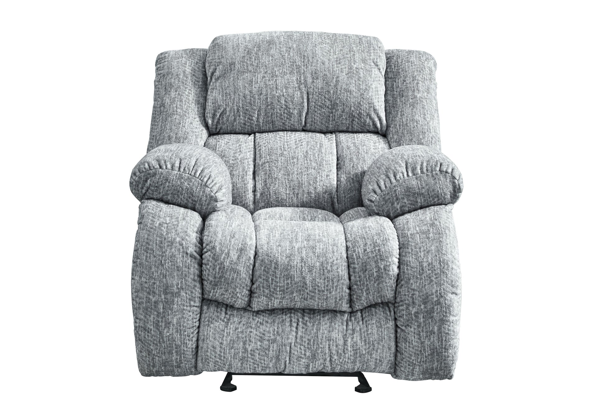 Plush grey fabric recliner chair with padded headrest and armrests for ultimate comfort