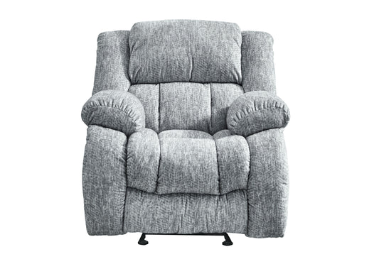 Plush grey fabric recliner chair with padded headrest and armrests for ultimate comfort