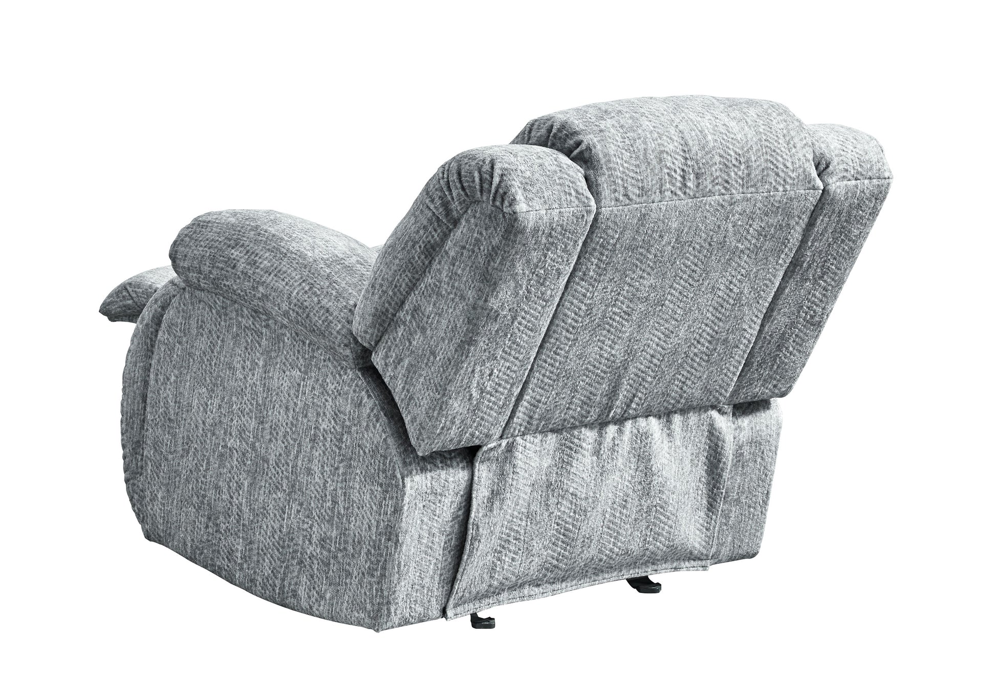 Textured grey fabric recliner viewed from the back with a herringbone pattern