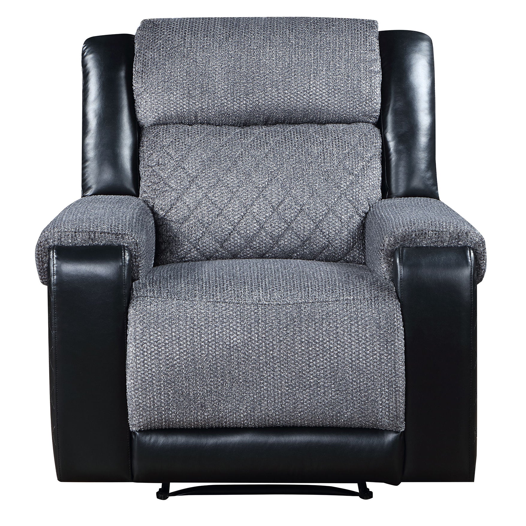 Comfortable recliner chair with gray fabric and black leather accents perfect for living rooms