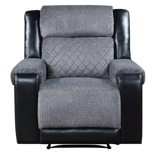 Comfortable recliner chair with gray fabric and black leather accents perfect for living rooms