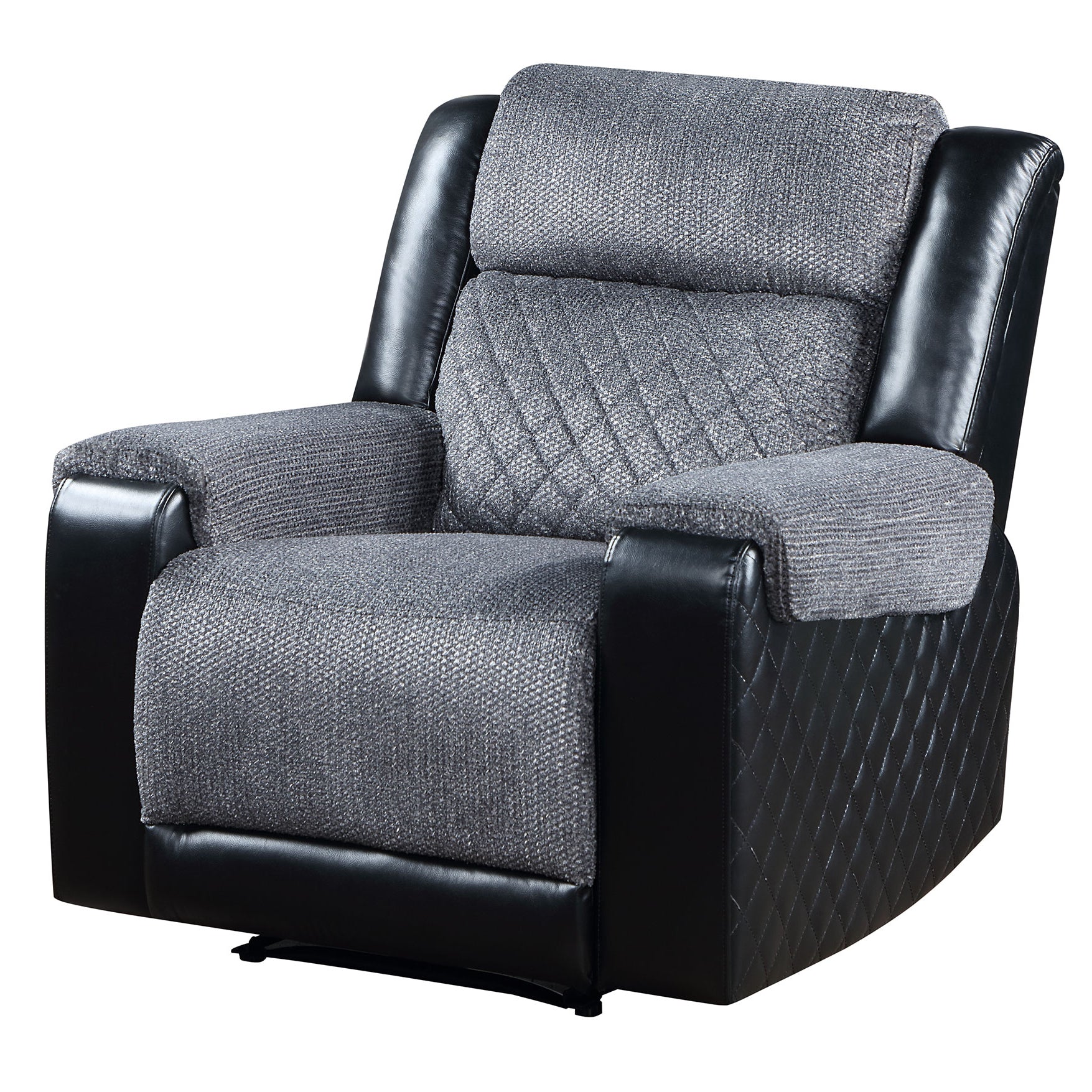 Gray fabric recliner with black leather accents and diamond stitching detail