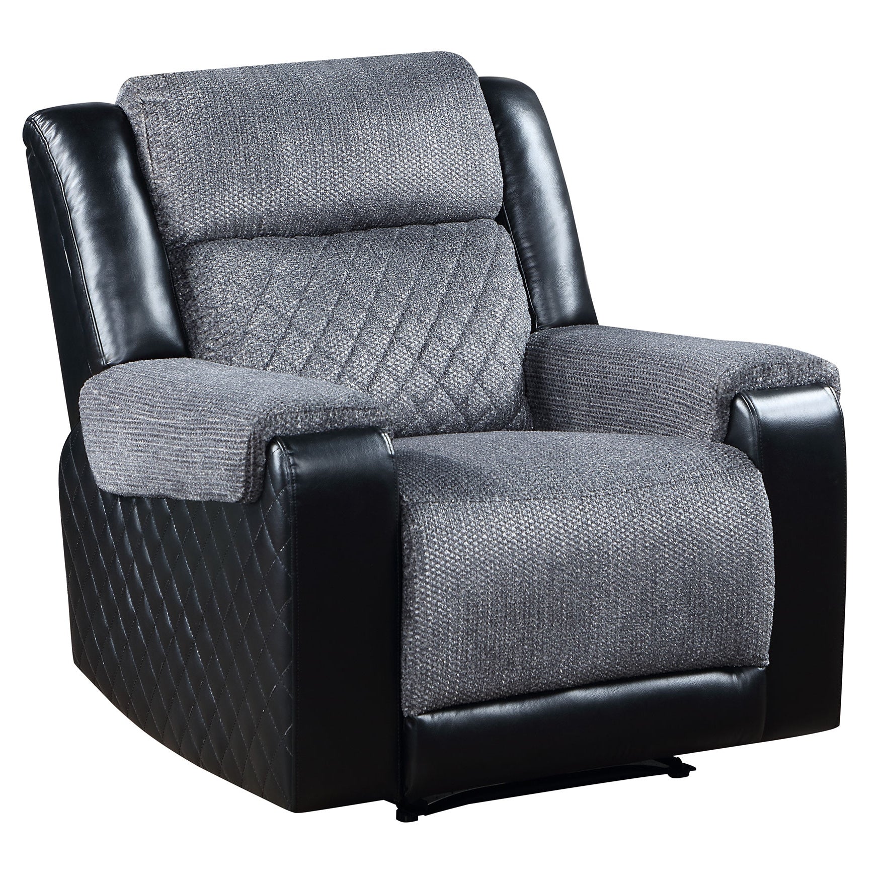 Black and gray recliner chair with diamondstitched accents and padded armrests perfect for home theater