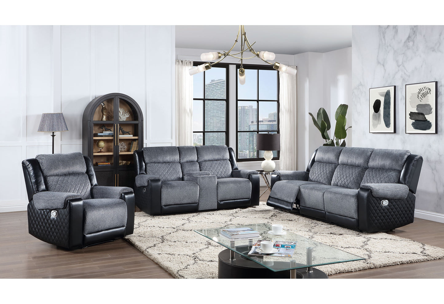 Gray fabric recliner chair with diamondstitched black faux leather accents
