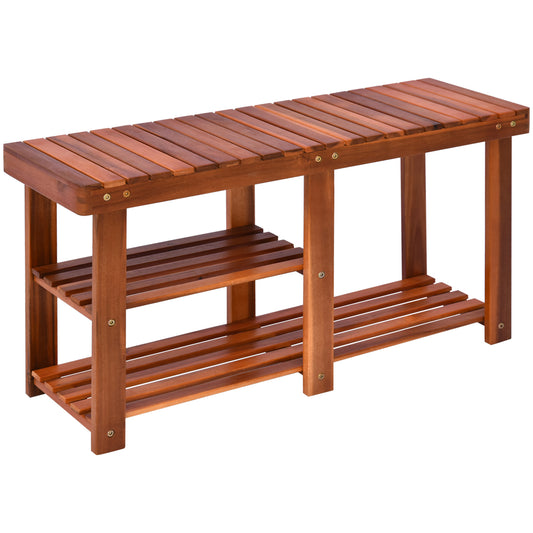 Wooden shoe bench with three slatted shelves for entryway storage