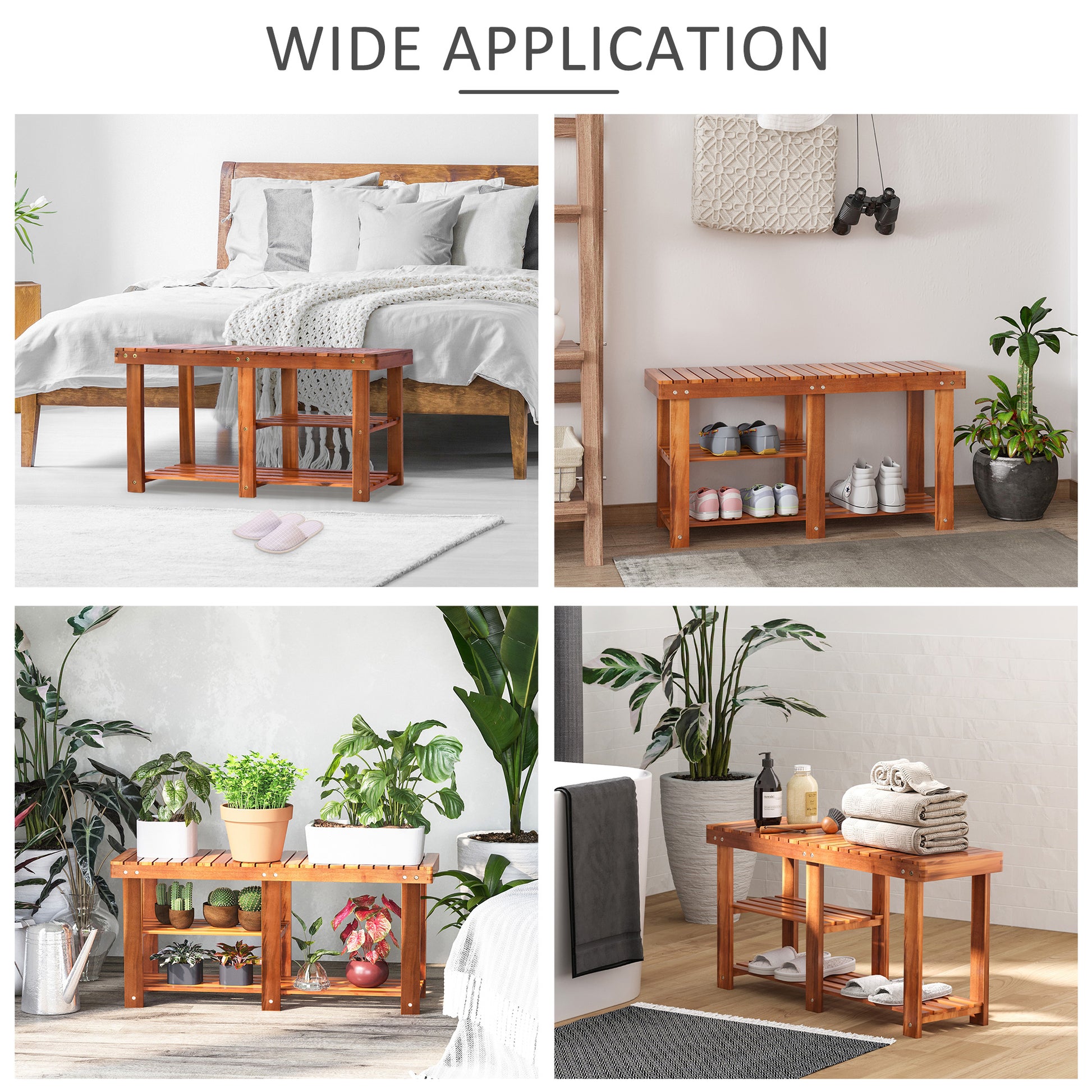 Wooden shoe bench with two shelves by a bed
