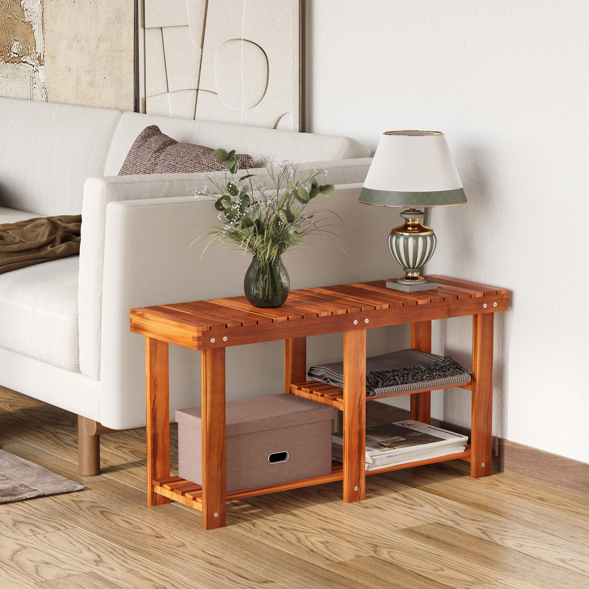 Wooden shoe bench with storage shelves and storage box