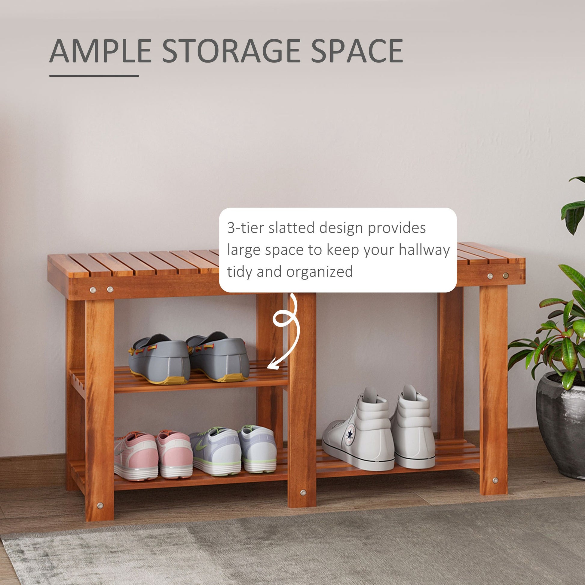 Solid wood tier shoe rack with slatted shelves holding sneakers and loafers