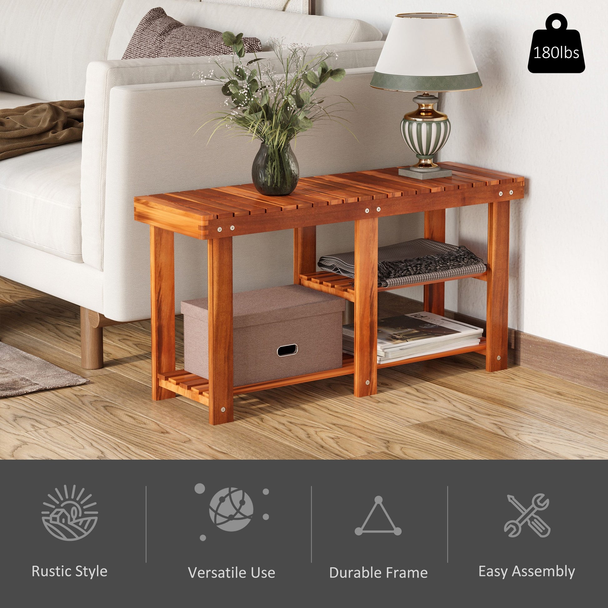 Wooden bench with two shelves ideal for entryway shoe storage and seating