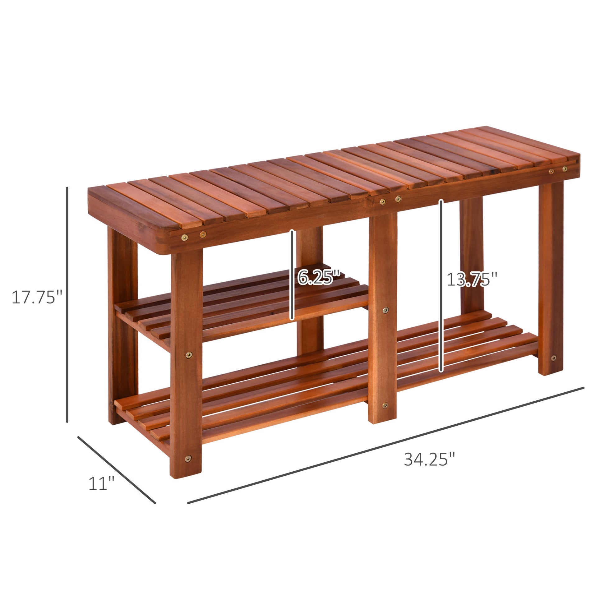Wooden entryway bench with two slatted shelves
