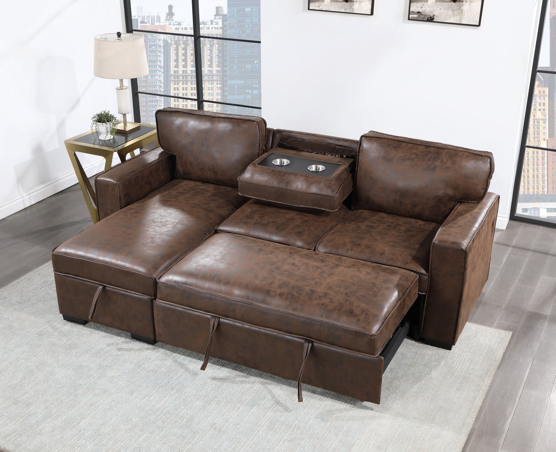 Brown faux leather sectional sofa with pullout bed and storage perfect for living rooms