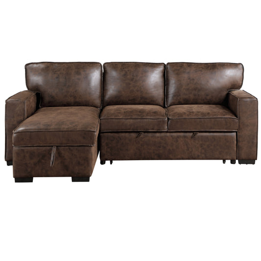 Distressed brown faux leather sectional sofa with chaise and hidden storage modern style