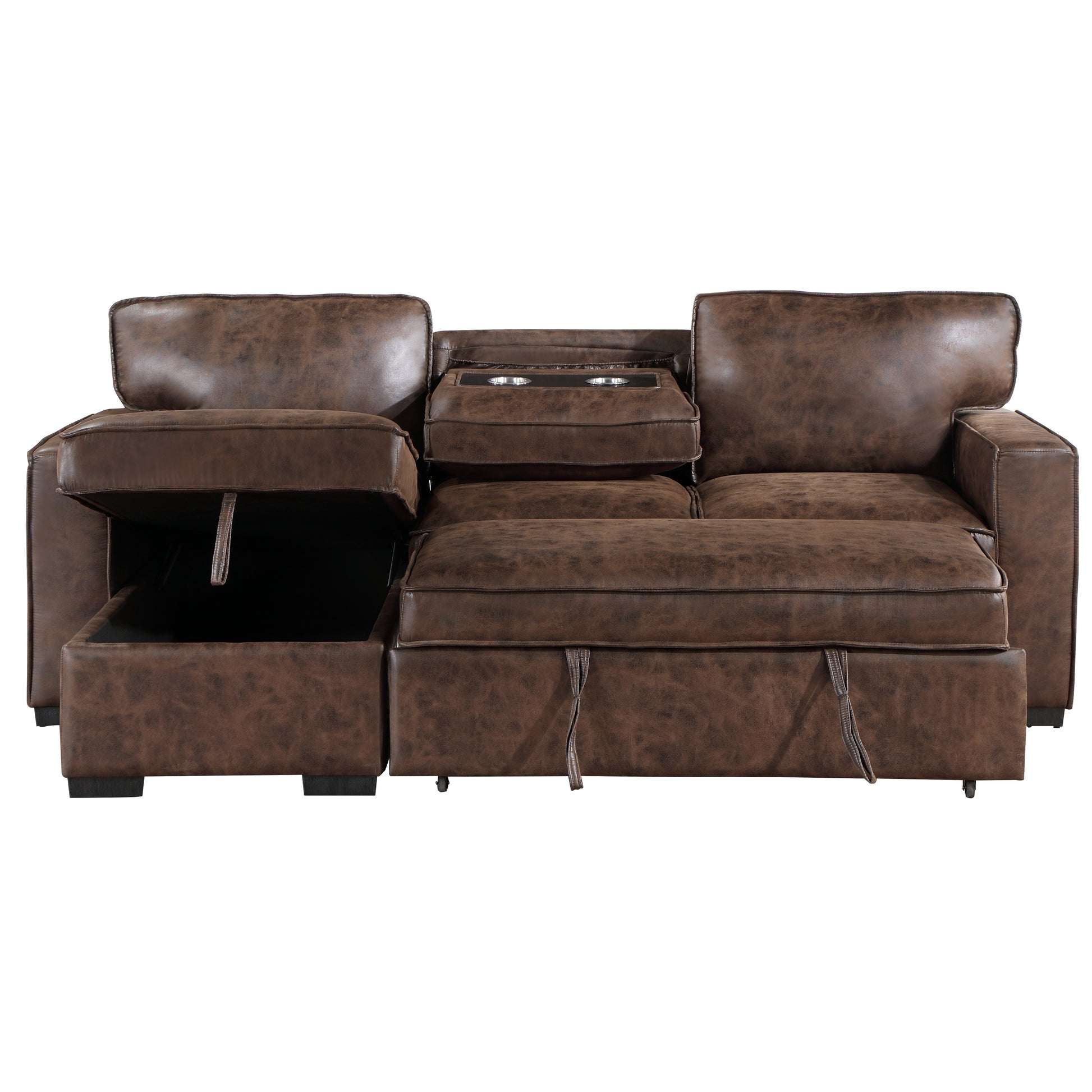 Brown faux leather reclining sofa with builtin storage and cup holders