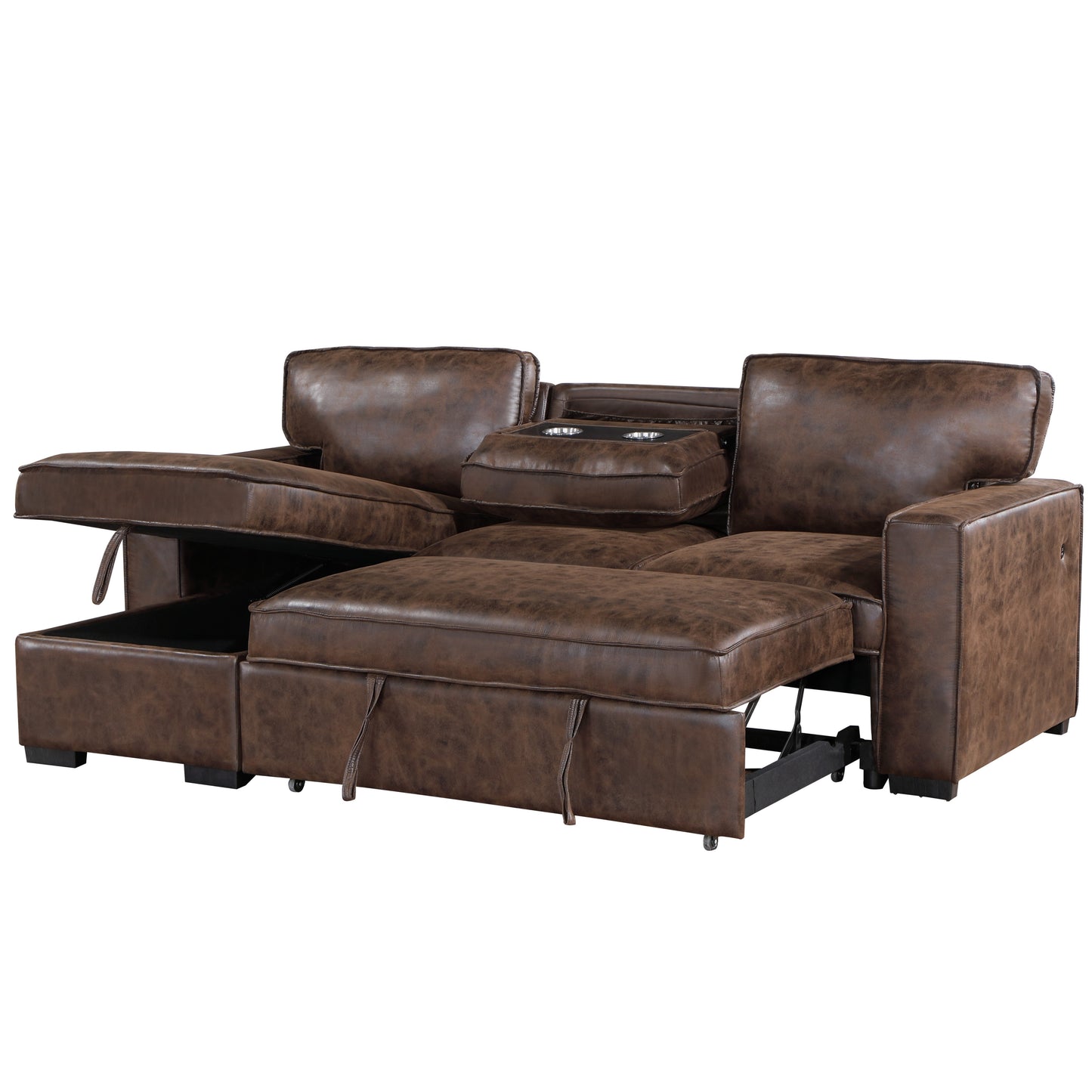 Brown leather sofa with hidden storage and cupholders